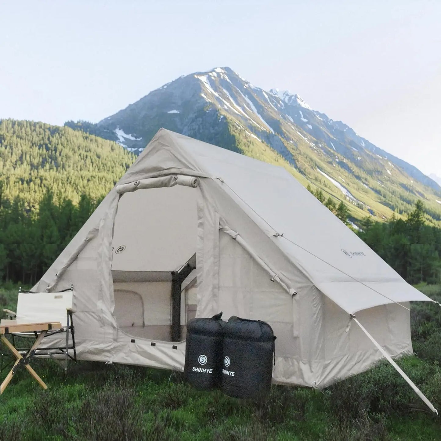 Inflatable tent with pumps, easy-to-pitch large outdoor tent, cabin tents with double mesh windows and convective double doors
