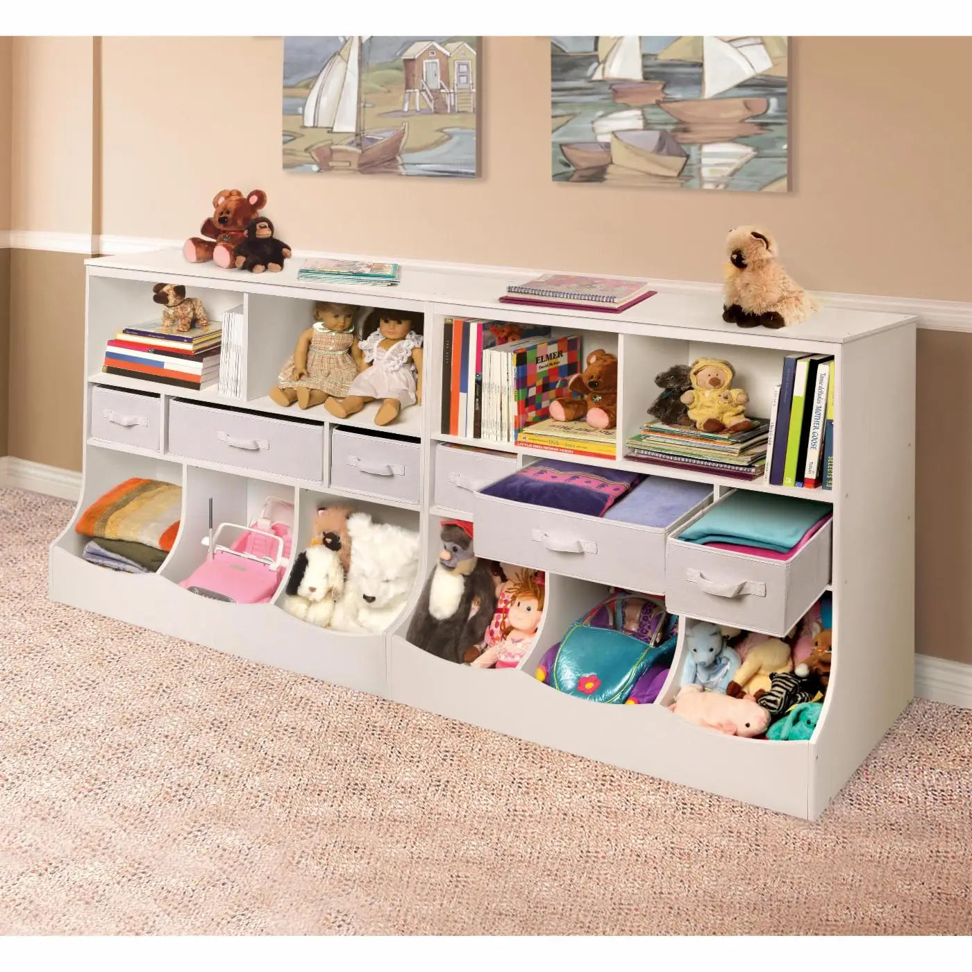 Kids Toy Storage Organizer, Organization Storage Cabinet W/Display Shelf & 3 Removable Fabric Bins, Wooden Toy Storage Unit