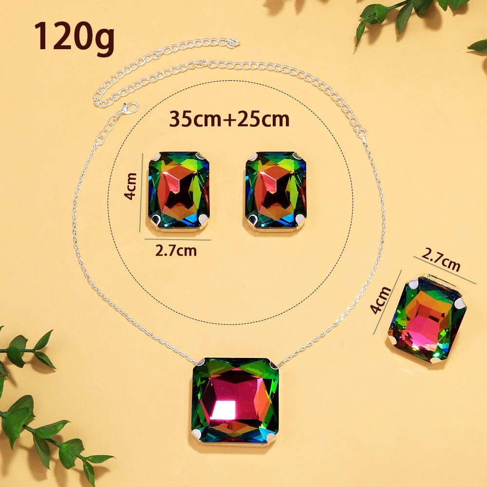 Stonefans Exaggerated Square Jewelry Sets Dubai Wedding Accessories Bridal Large Rhinestone Necklace Earrings Ring Set for Women