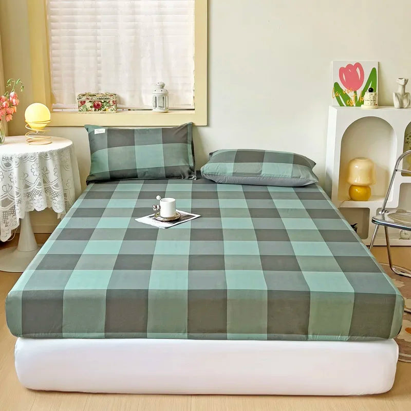 Simple Gray Checkered Fitted Sheet Set 3Pcs Geometric Plaid Non-slip Elastic Bed Cover with 2 Pillowcases Home Bedding Set