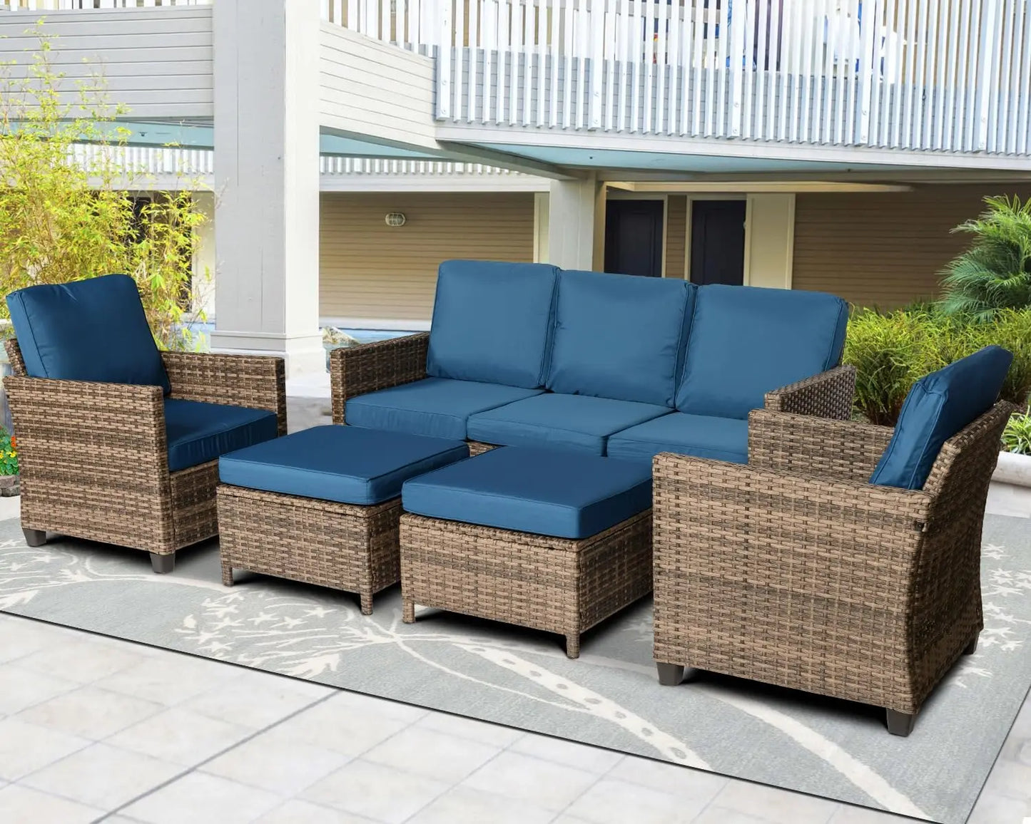 Rattan Outdoor Combination Reception Set, Terrace Furniture, 3 Outdoor Sofas, 2 Single Chairs, 2 Footstools