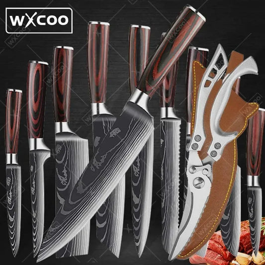 Kitchen Chef Knife Set,High Carbon Stainless Steel Damascus Drawing Gyuto Cleaver Set Slicer Santoku Chef Knife Kitchen Scissors