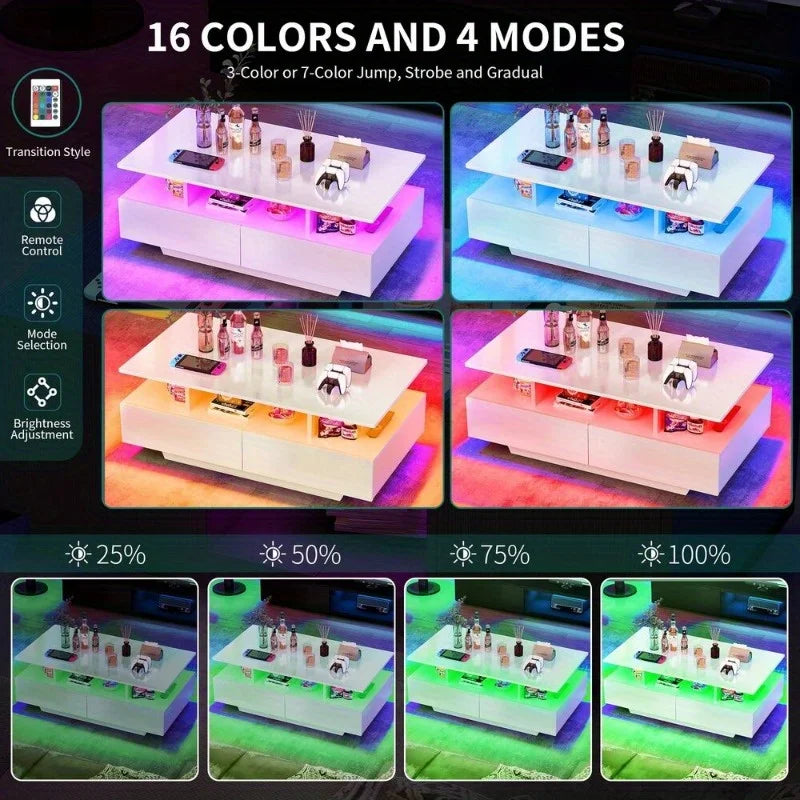 High Gloss Coffee Table Center Cocktail Table with LED Lights & Sliding Drawers
