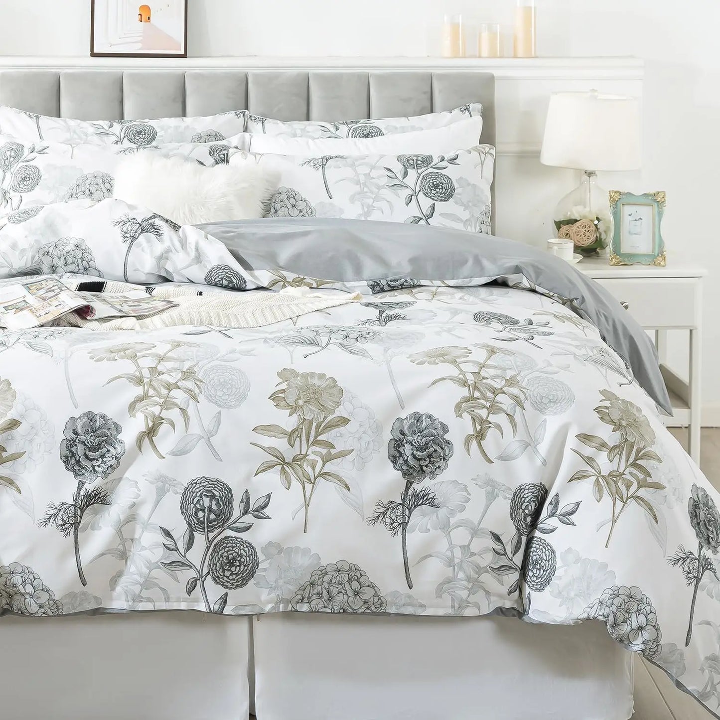 Floral Duvet Cover Queen 100% Cotton Blue Green Farmhouse Bedding Super Soft Reversible Striped Country Bed Purple Hydrangea