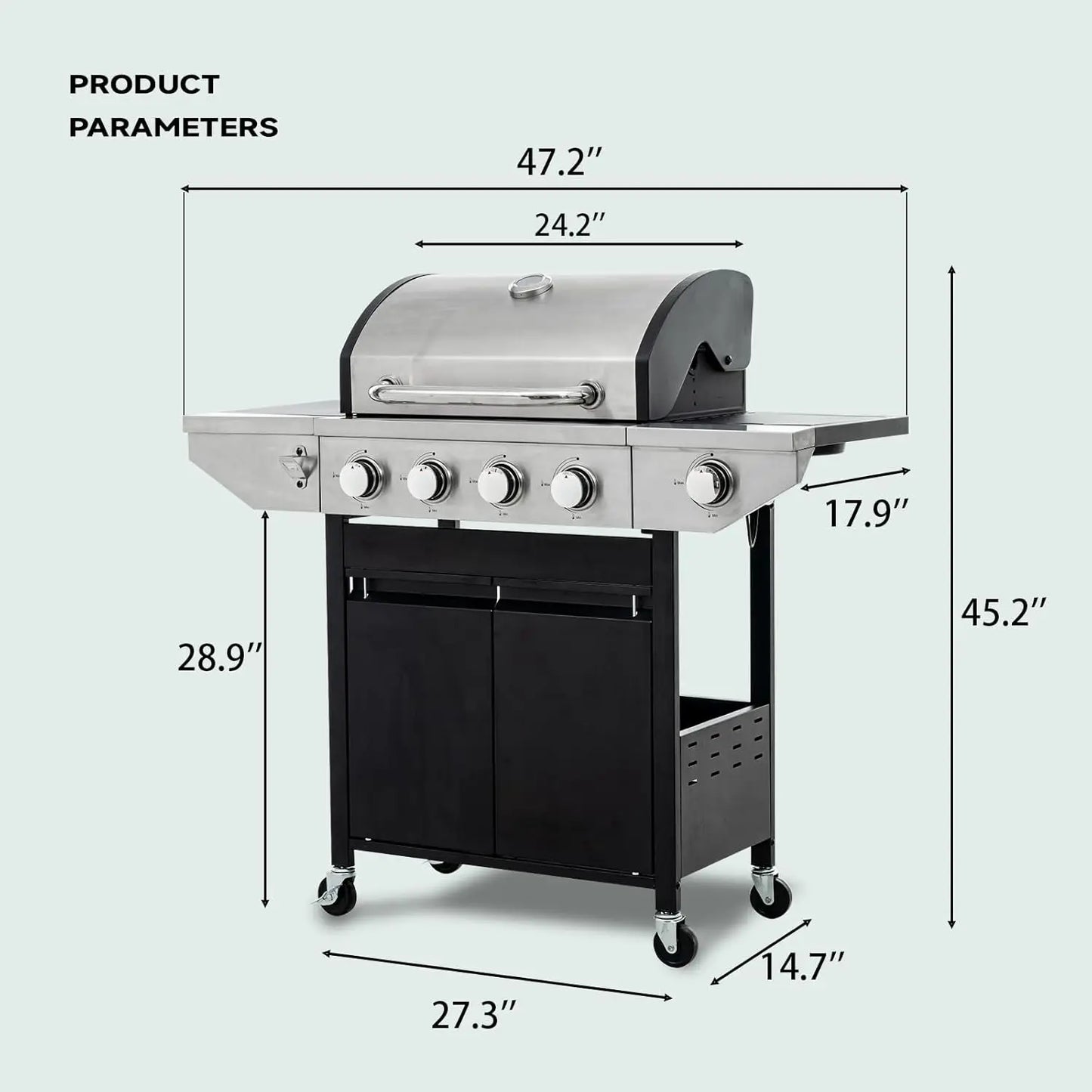 4-Burner Propane Gas Grill Sear Side Burner 46,700 BTU Outdoor BBQ Cabinet Style Barbecue Grilling High Cooking Capacity Fast
