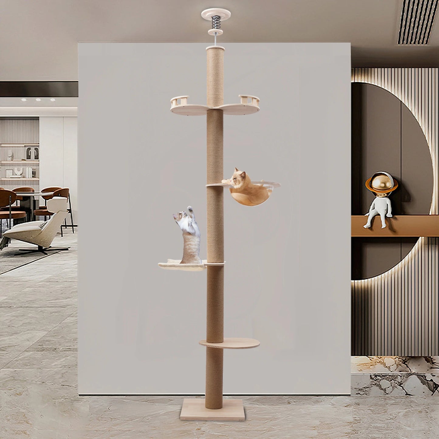 4 Tiers Cat Tree with Natural Sisal Rope Scratching Post Floor-to-Ceiling Cat Climbing Tower Adjustable Height