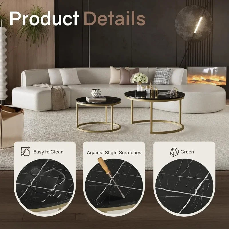 Nesting Tables Set of 2, 31.5" Round Coffee Table, Small Nesting Coffee Table with Adjustable Non-Slip Fee, Black Marble Top