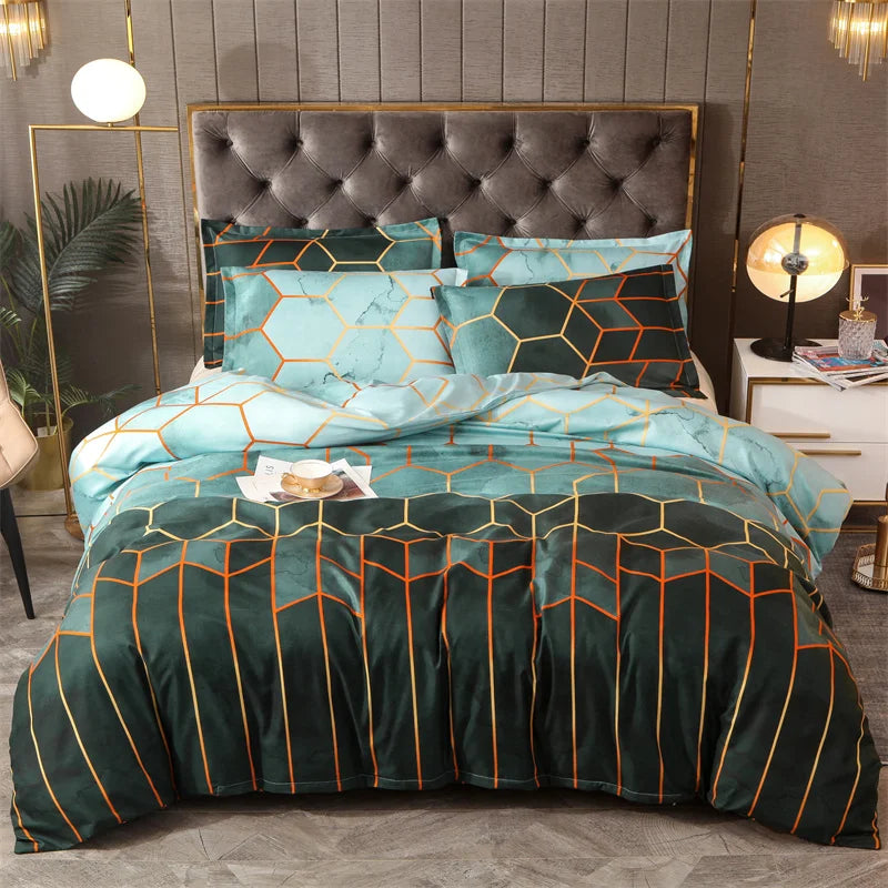 3Pcs Green Comforter Set Twin/Full/Queen/King/Single/Double Size, Geometric Bedding Sets for Man Woman, Marble Duvet Cover