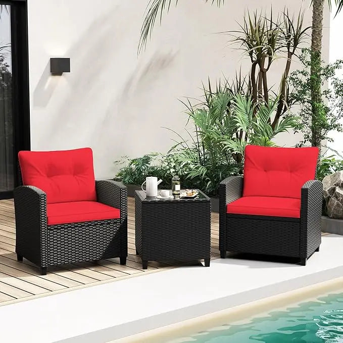 3 Piece Patio Furniture Set, Wicker Bistro Conversation Set w/2 Cushioned Armchairs & Glass Topped Table, Outdoor Rat