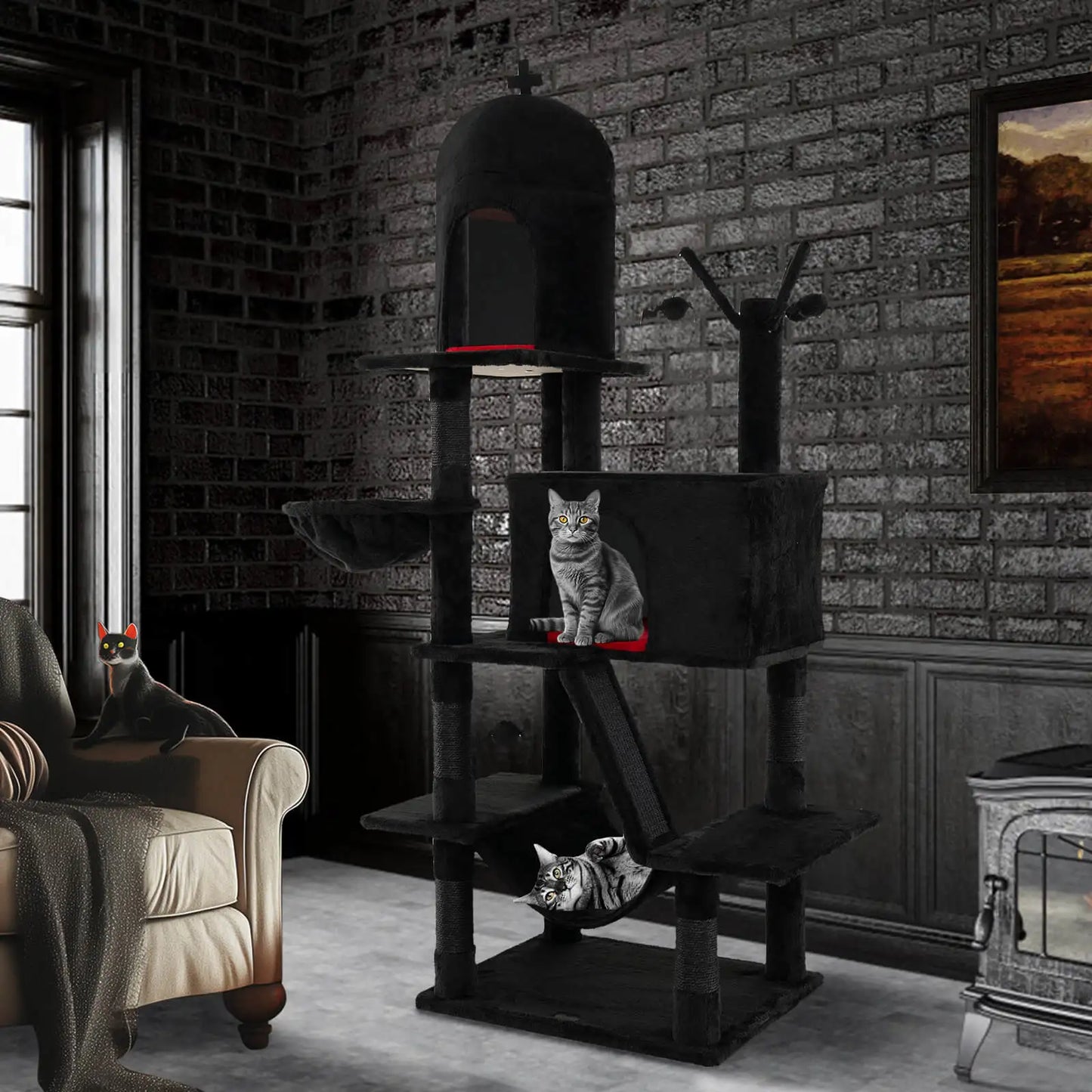 Gothic Cat Tree for Indoor Cats Black Large Cat Tower w/ 2 Cat Condos