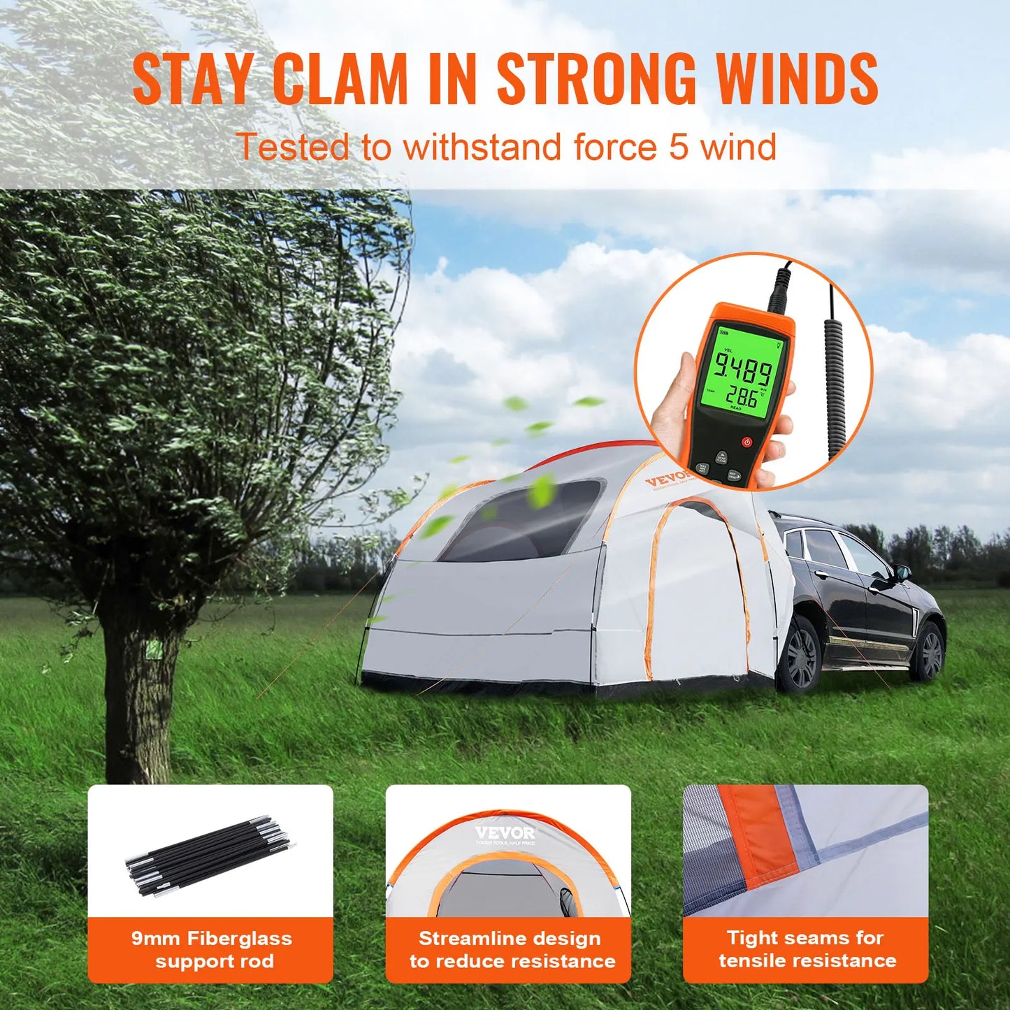 VEVOR Outdoor Camping Tent 8"-8" SUV Tent w/Rain Layer PU2000mm Double Layer Camping Tent Fit 6-8 Person for Van Hatch Tailgate