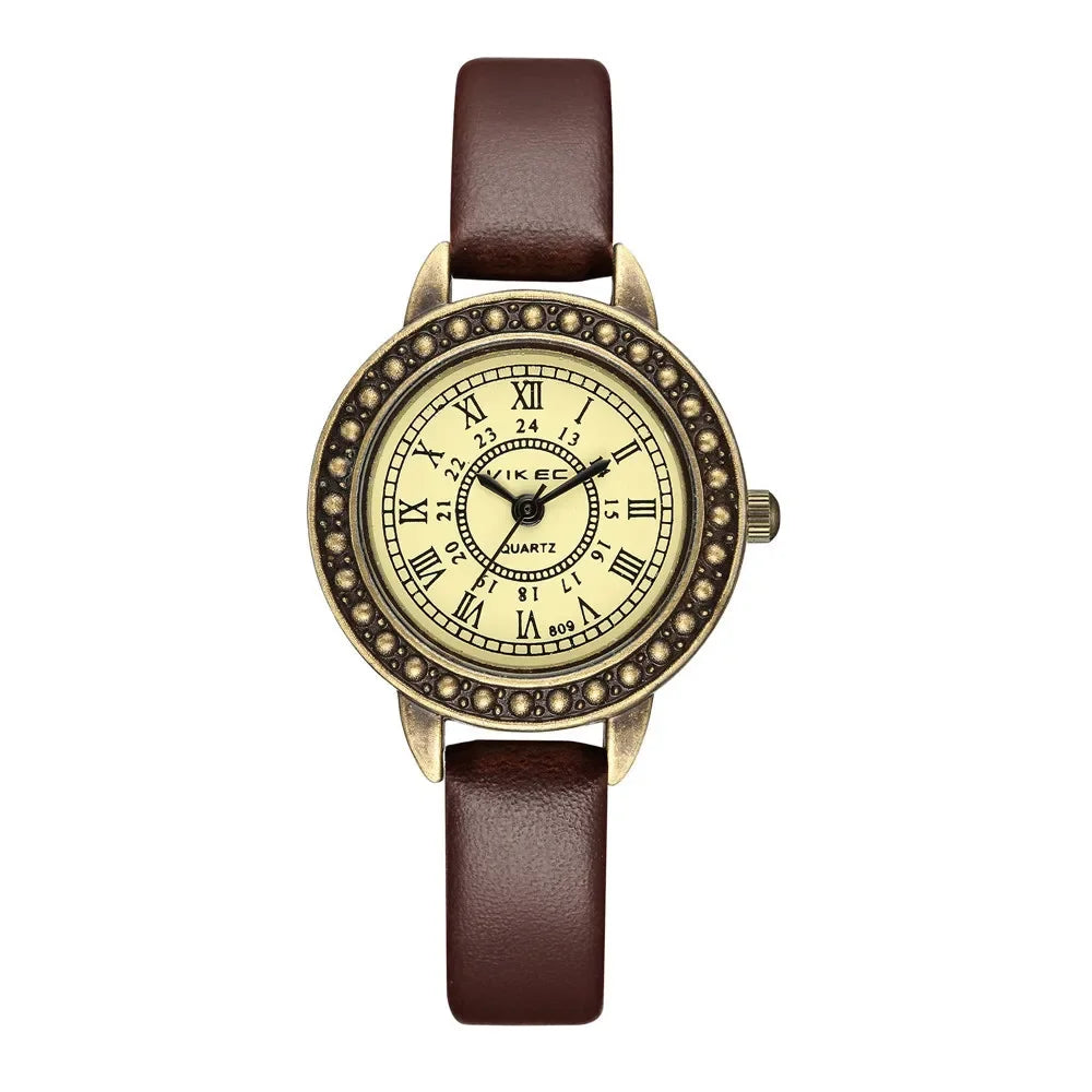 Vintage Leather Women Watches Brown Retro Roma Dial Quartz Ladies Quartz Watch Leather Thin Band Small Dial Relogio Feminino