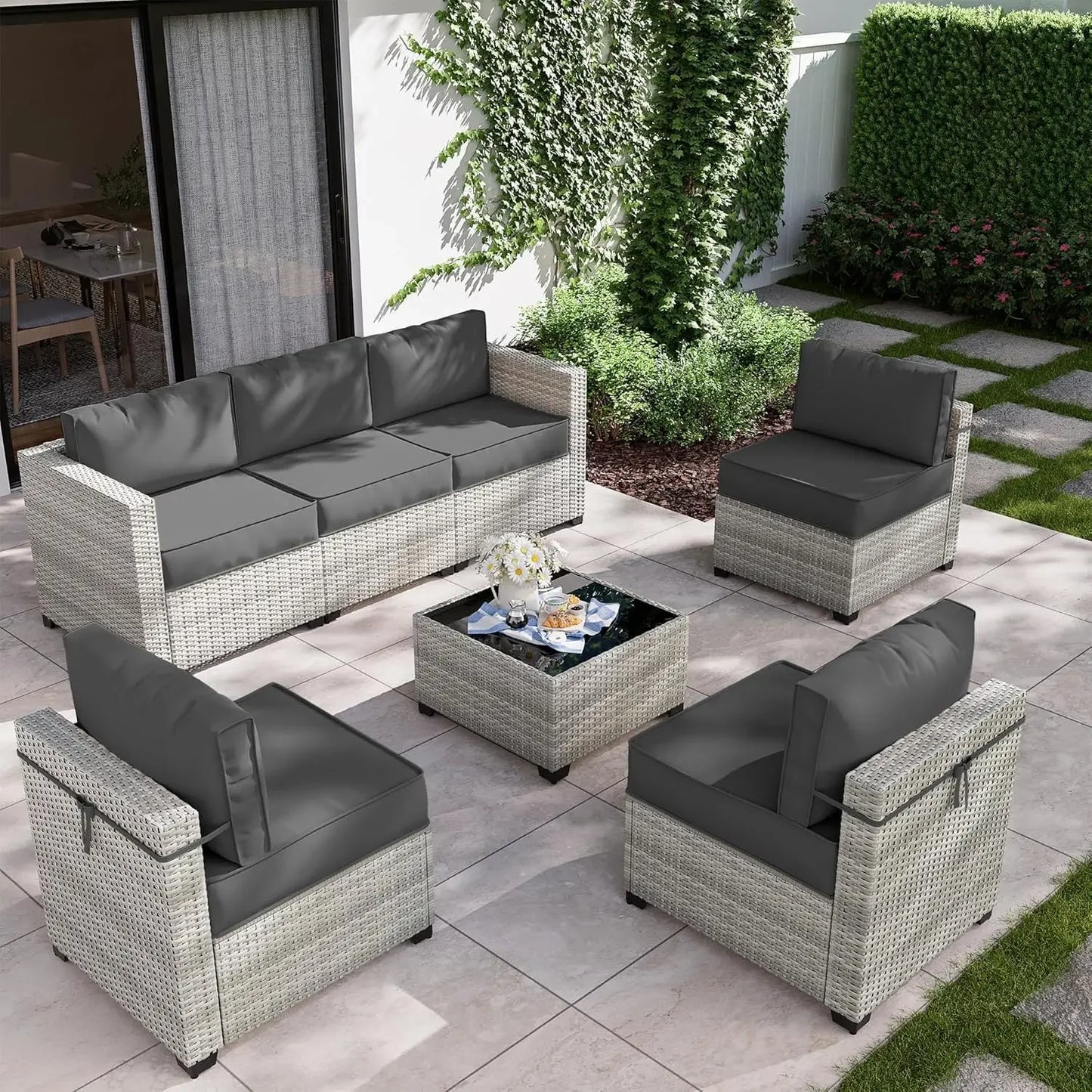 8-Piece Patio Furniture Set With Fire Pit Table, Seat Cushions Light Grey Outdoor Modular Wicker Conversation Set