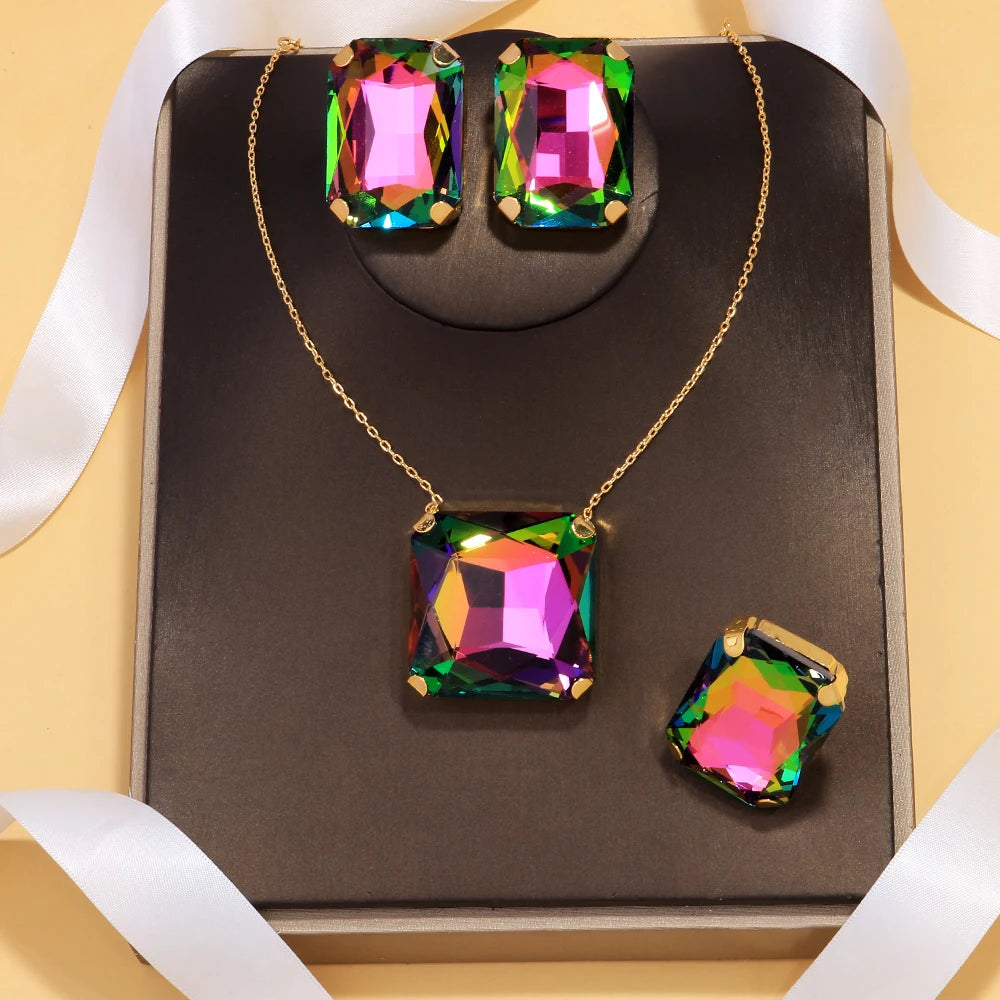 Stonefans Exaggerated Square Jewelry Sets Dubai Wedding Accessories Bridal Large Rhinestone Necklace Earrings Ring Set for Women