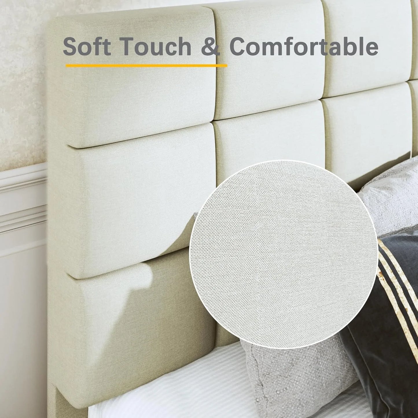 Full Bed Frame Upholstered Bed Frame Platform with Adjustable Headboard Linen Fabric Tufted Headboard Wooden Slats Support