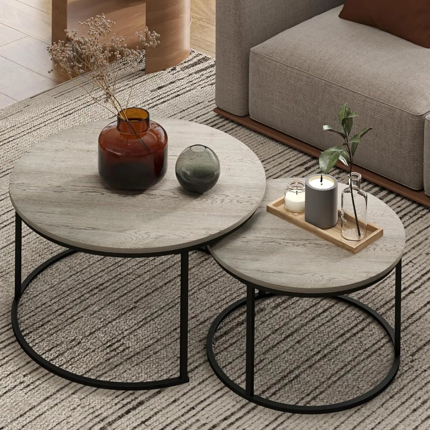Nesting Tables Set of 2, 31.5" Round Coffee Table, Small Nesting Coffee Table with Adjustable Non-Slip Fee, Black Marble Top