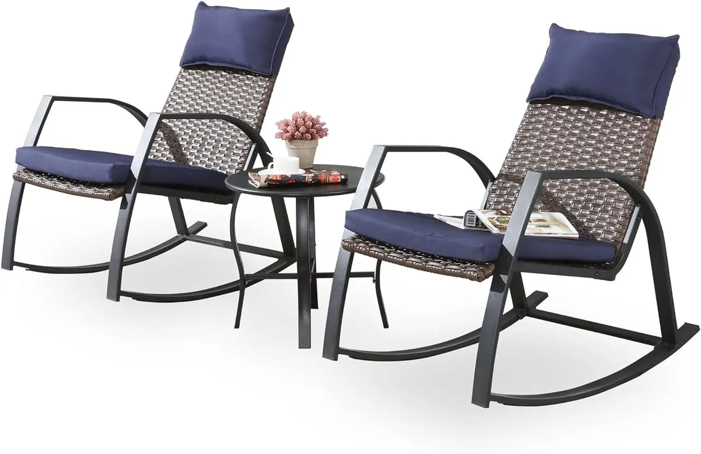Patio Furniture Set 3 Pieces Outdoor Furniture Cushioned Rocking Chairs with Side Table Pillow All Weather Frame