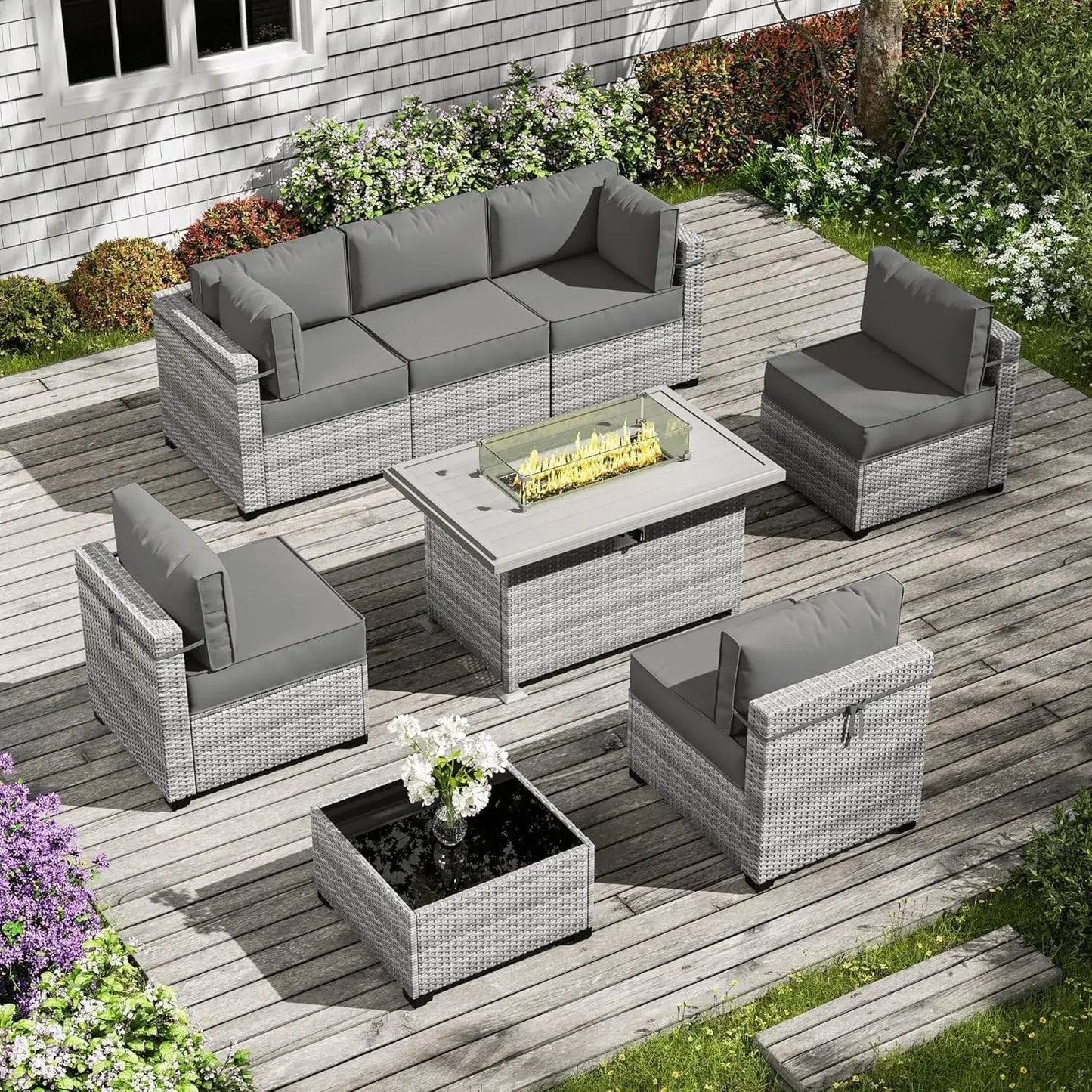8-Piece Patio Furniture Set With Fire Pit Table, Seat Cushions Light Grey Outdoor Modular Wicker Conversation Set
