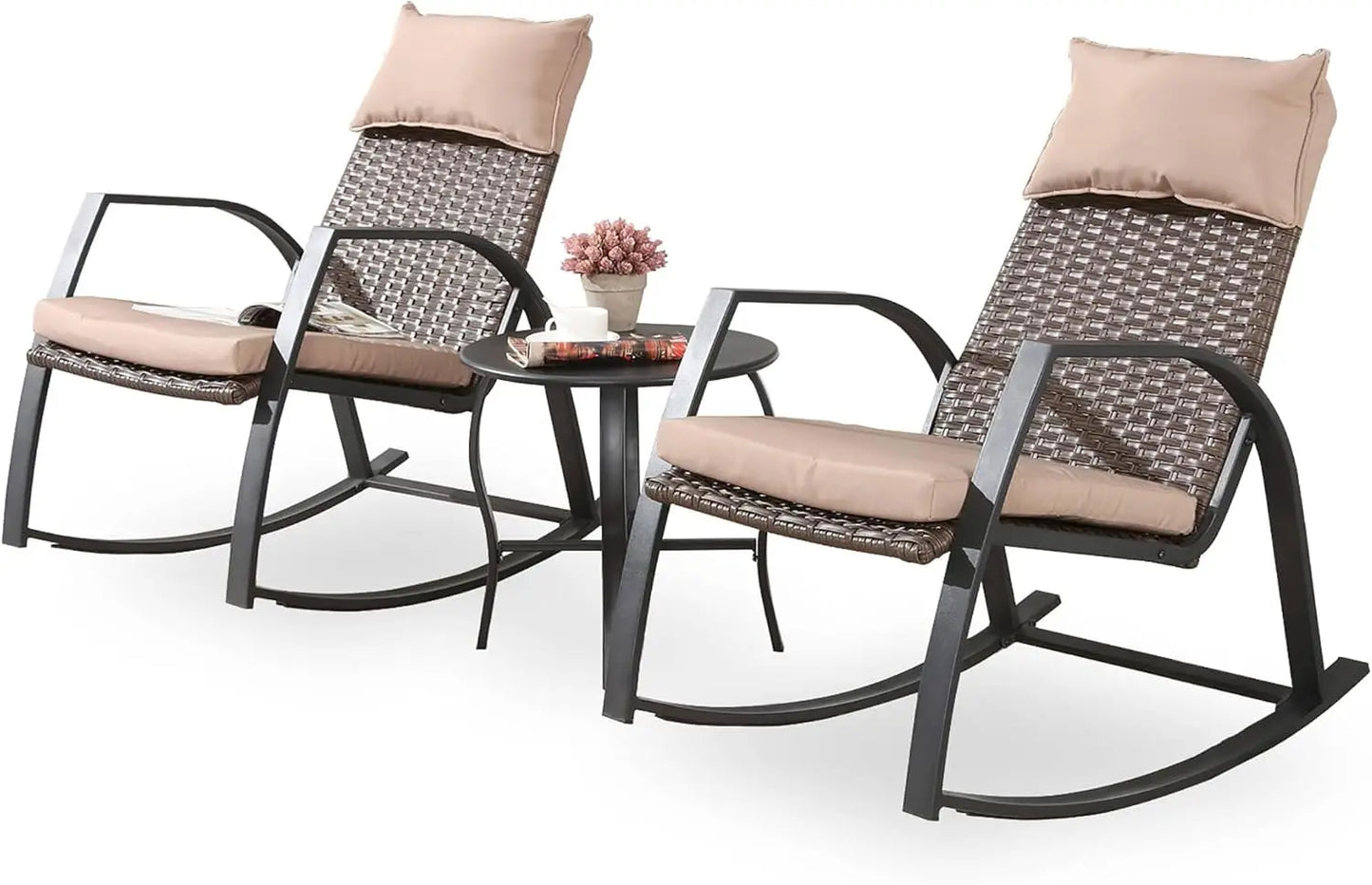 Patio Furniture Set 3 Pieces Outdoor Furniture Cushioned Rocking Chairs with Side Table Pillow All Weather Frame
