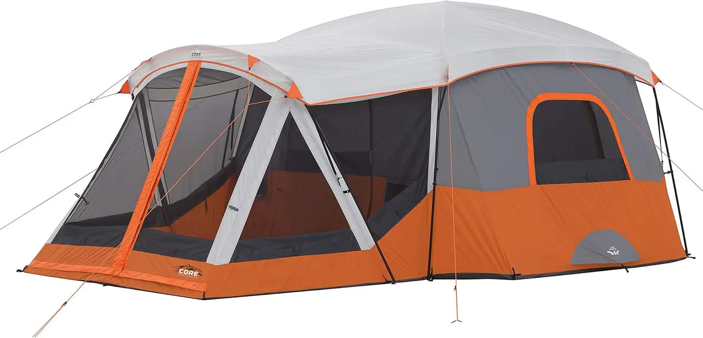 CORE 11-person family cabin tent with screen room, multiple rooms, storage pockets, and portable carry bag for outdoor camping.