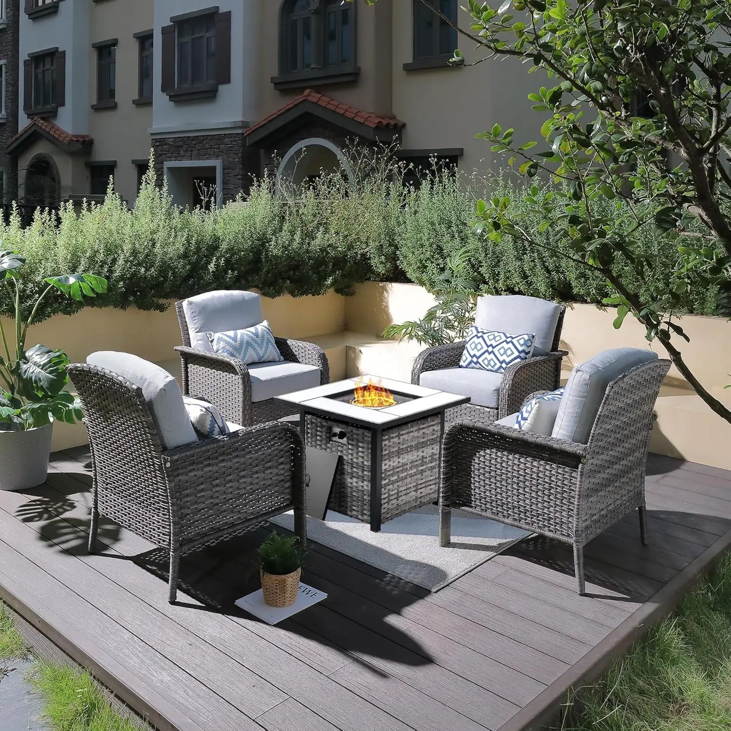 4 Pieces Patio Furniture Set with Fire Pit Table Outdoor Wicker Chairs of 4 All Weather High Back Rattan Chairs 4 Seats Grey