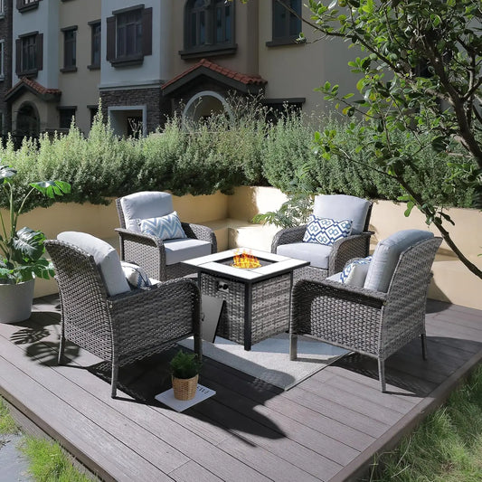 4 Pieces Patio Furniture Set with Fire Pit Table Outdoor Wicker Chairs of 4 All Weather High Back Rattan Chairs 4 Seats Grey