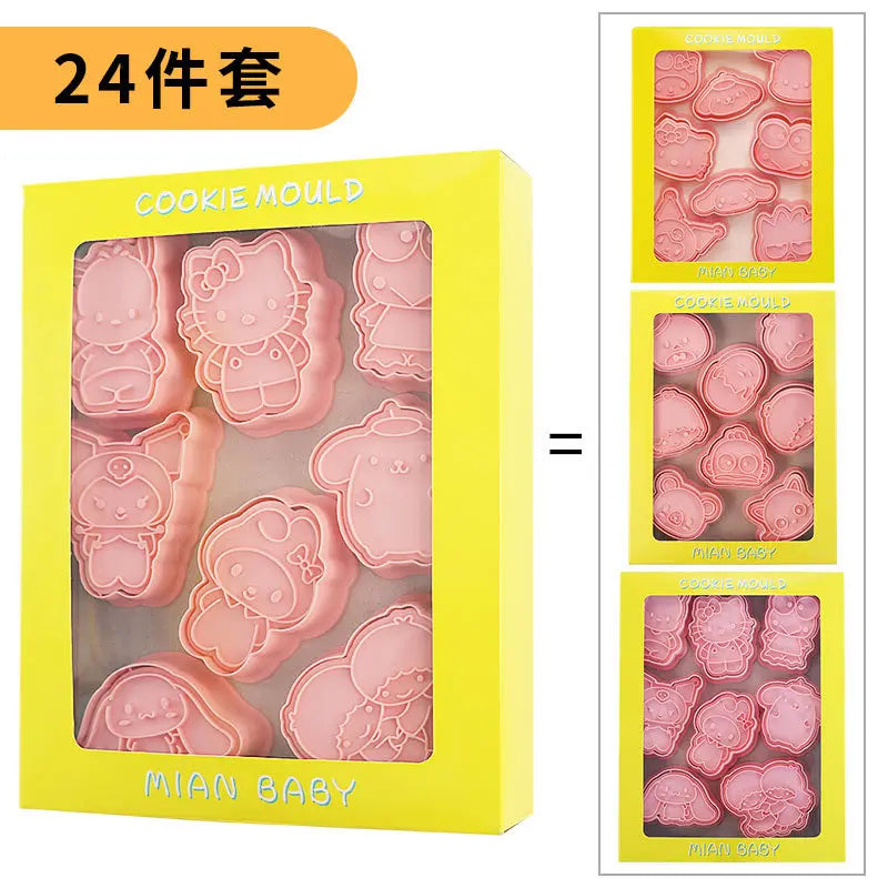 24Pcs Sanrio Hello Kitty Cartoon Cookie Mold 3D Pressable Stamp Kitchen Baking Pastry Bakeware New Year Christmas Decoration