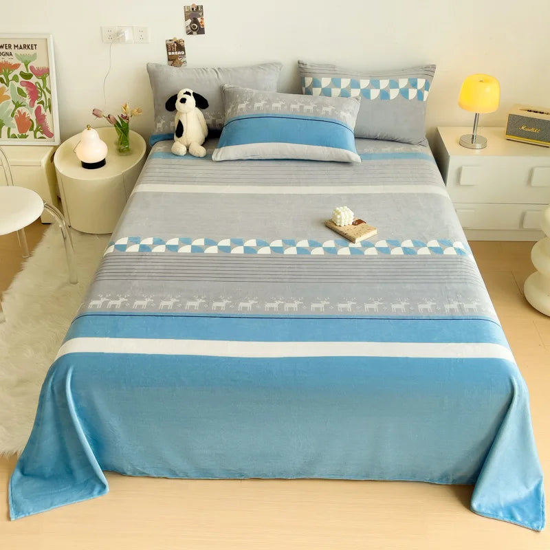 Geometric Plaid Pattern Flannel Bed Sheet Set Super Soft Plush Bed Sheets with 2 Pillowcases Luxury Queen Size Bedding Set