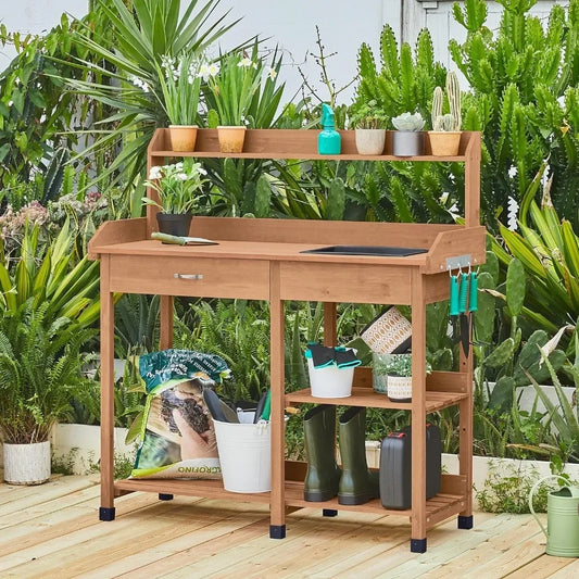 Potting Bench Outdoor Garden Work Bench Station Planting Solid Wood Construction for Horticulture W/Sink Drawer Rack Shelves