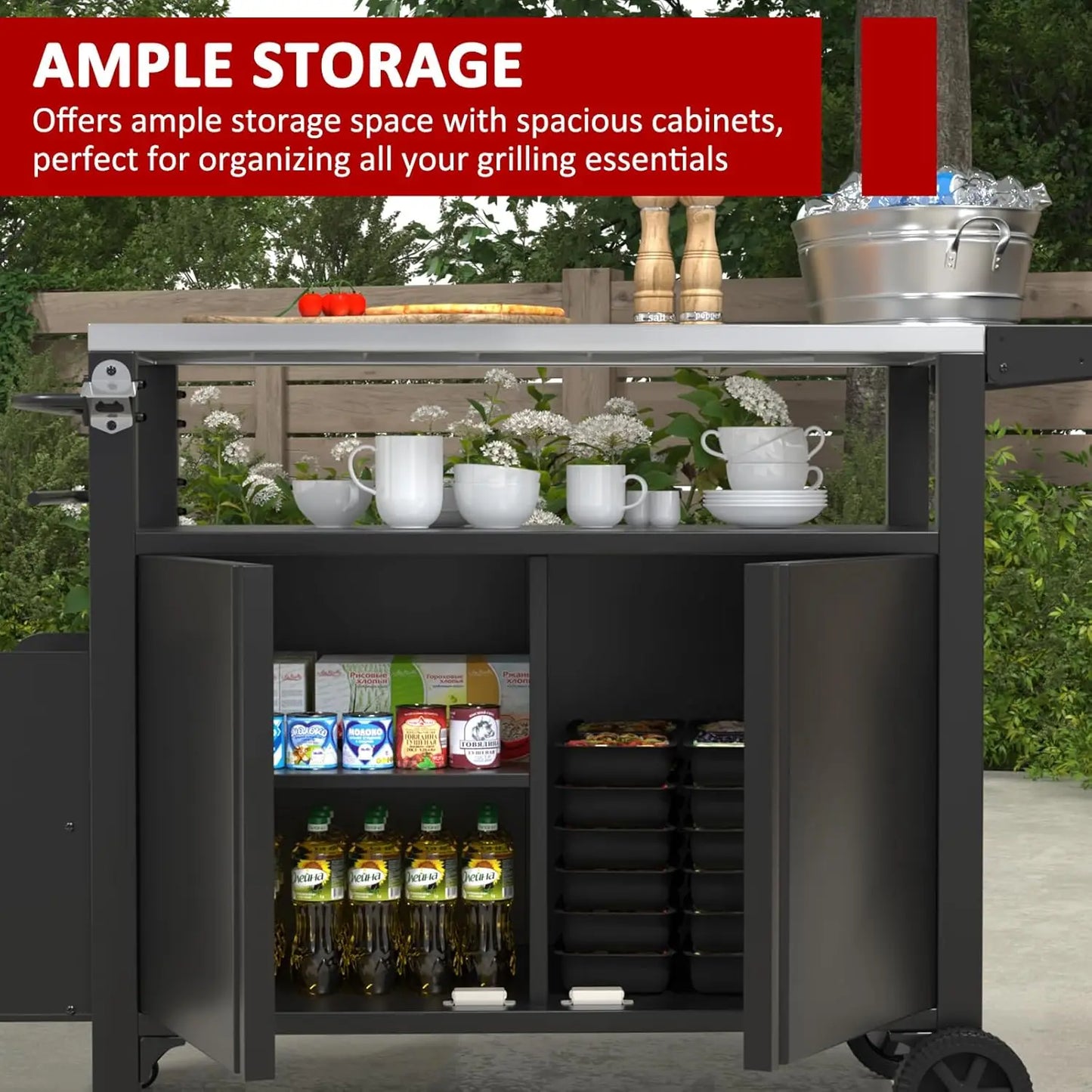 Xl Outdoor Grill Cart With Wheels, Weatherproof Outdoor Kitchen Outdoor Bar Cart Mobile Bbq With Foldable Stainless Steel Top &