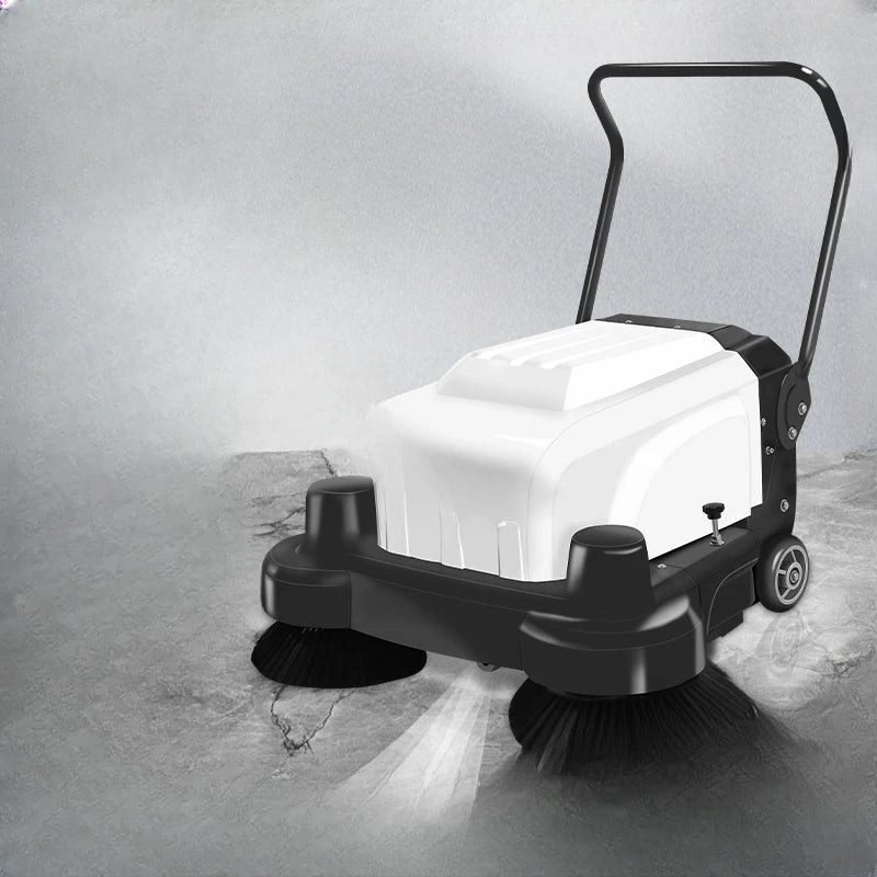 Electric hand-propelled industrial sweeper, factory floor sweeper, garage, site warehouse, vacuum cleaner.