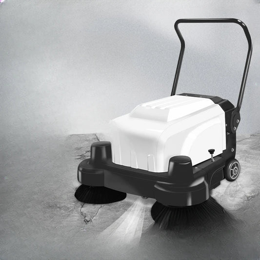 Electric hand-propelled industrial sweeper, factory floor sweeper, garage, site warehouse, vacuum cleaner.