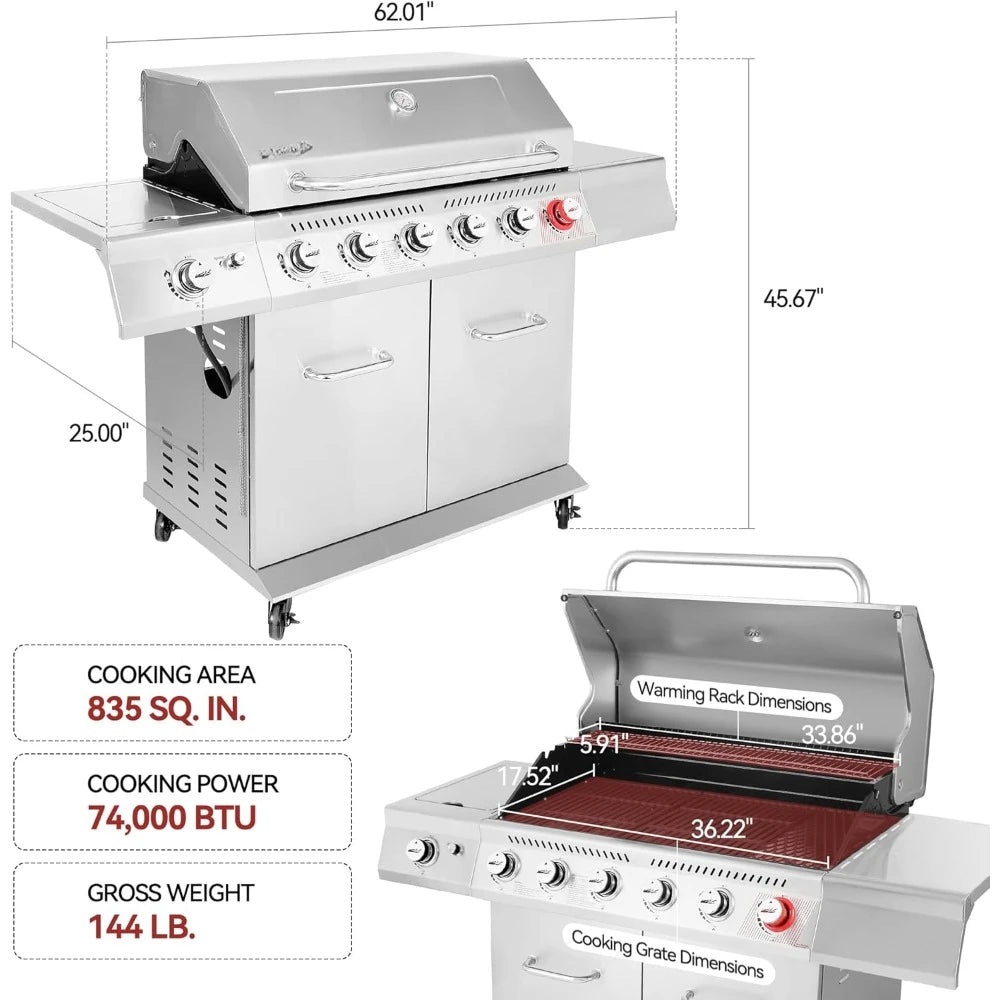 6 burner Propane gas grill with side burner and heating rack, 74,000 btu, cabinet grill for grilling and cooking