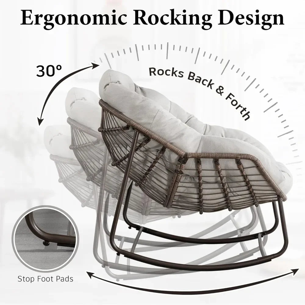 Oversized Rocking Papasan Chair with Thick Cushion and Frame Outdoor Rocker, Comfy Wicker Egg Chairs Lounge for Backyard Balcony