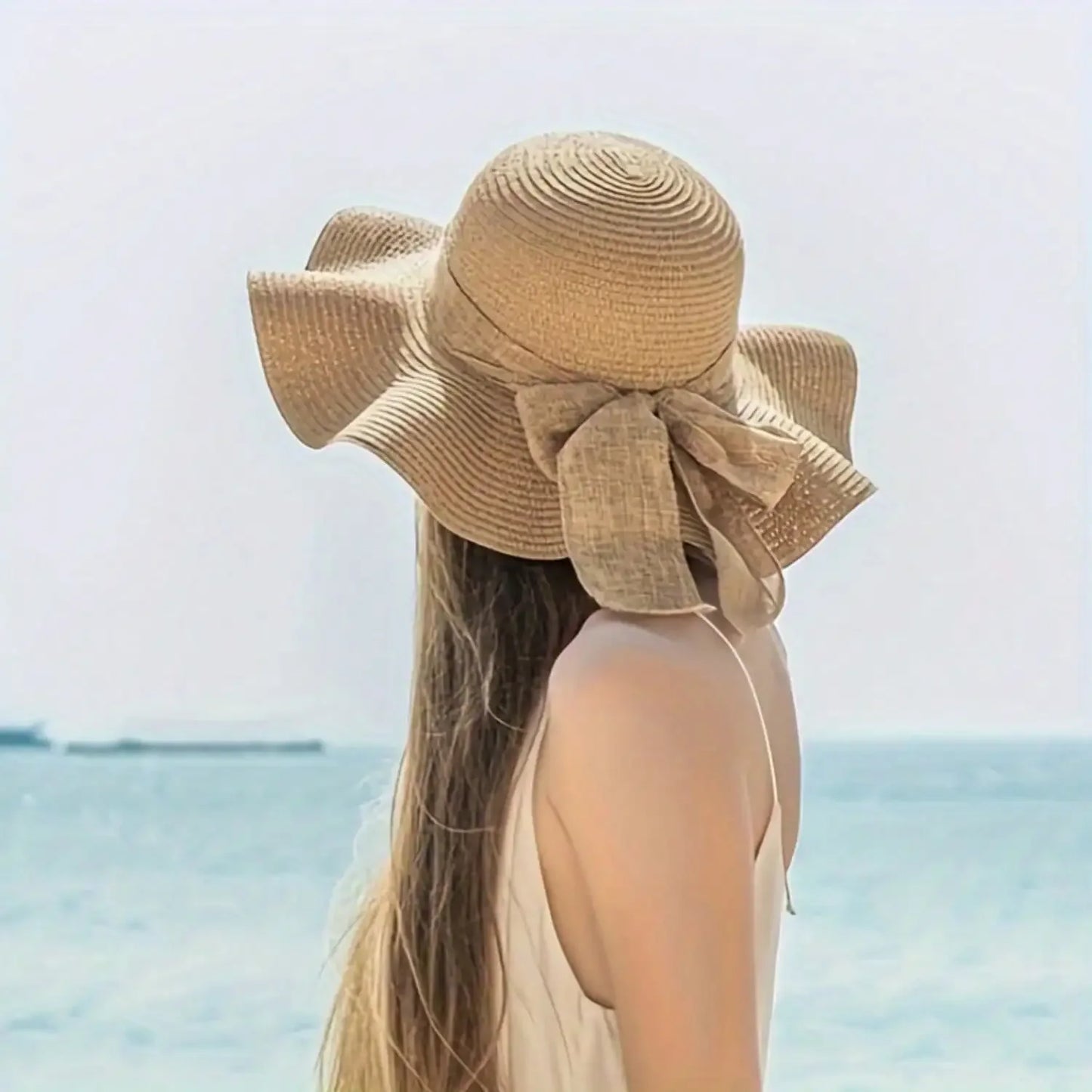 2Pcs/Set Womens Beach Hat Girl Khaki Wave Beach Sun Hat And Woven Shoulder Bag Combo Perfect For Beach Vacation