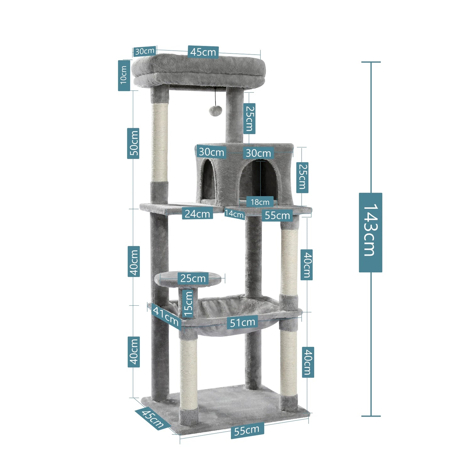 143Cm Tall Multi-Level Cat Tower With Large Hammock (50.8x40.64cm), Sisal Scratching Posts, Cozy Condo & Top Perch  Cat  Tree