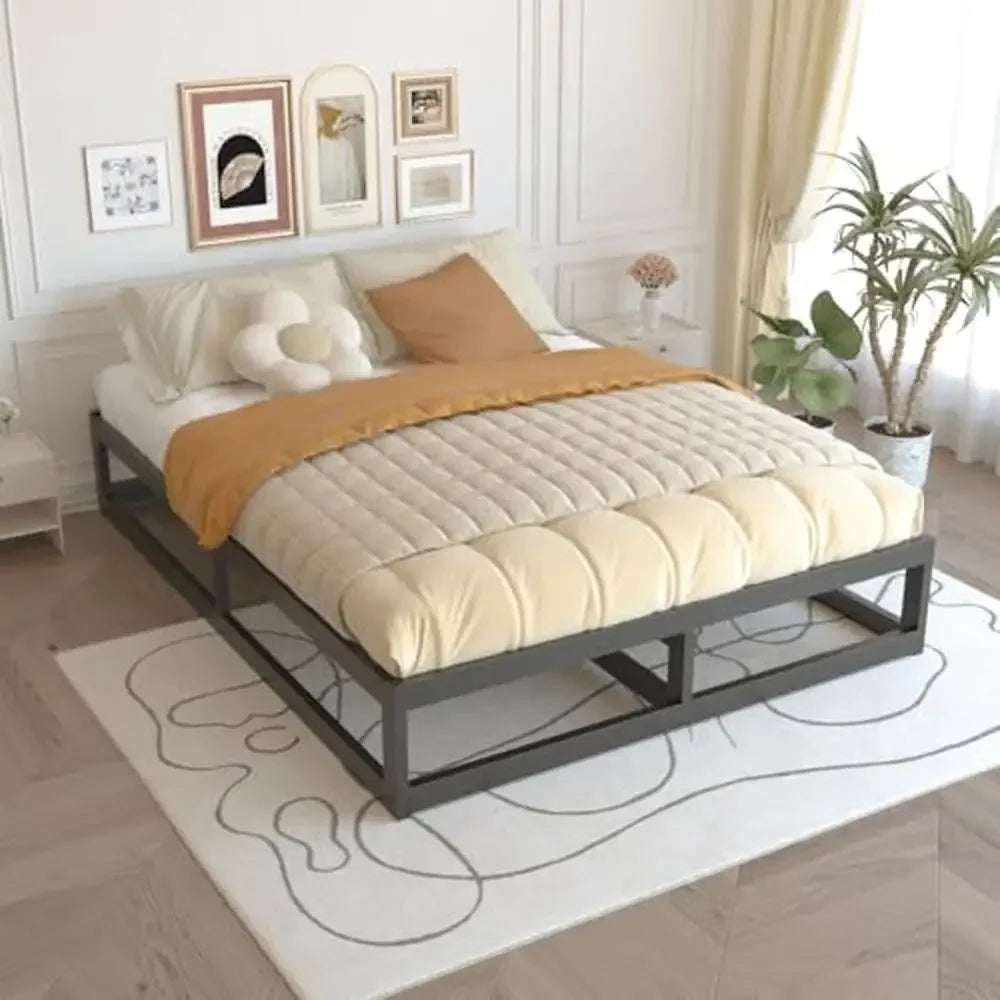10 Inch Steel Slat Queen Bed Frame Strong Metal Platform Mattress Foundation Anti-Skid Queen Size Bedframe Easy Assembly Black