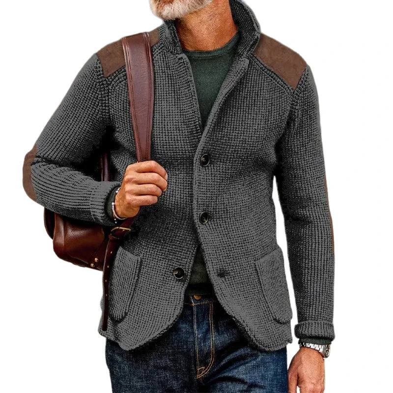 Vintage Patchwork Stand Collar Knitted Jackets Men Spring Casual Button Sweater Cardigan Mens Fashion Slim Knitting Sweatercoats