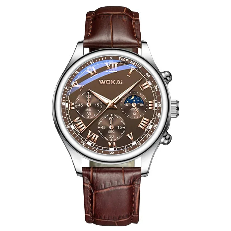 Fashion Business Watches Fake Three-Eye Roman Numerals Dial Clock Leather Strap Quartz Watch for Men Wristwatch Часы Мужские