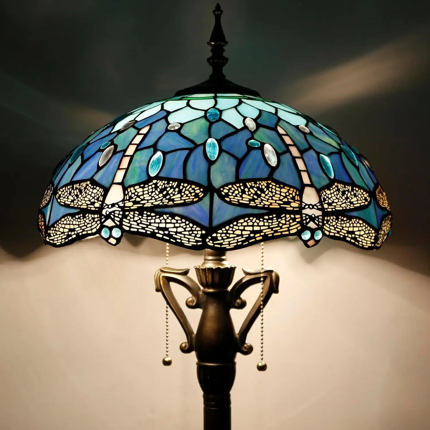 Tiffany Floor Lamp Blue Dragonfly Stained Glass Standing Reading Light 16X16X64 Inches Antique Pole Corner Lamp Decor Bedroom