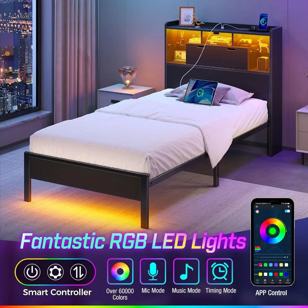 Twin Bed Frame with Charging Station, LED Bed with Bookcase Storage Headboard, Metal Platform Bed with Glass Shelves, No Box