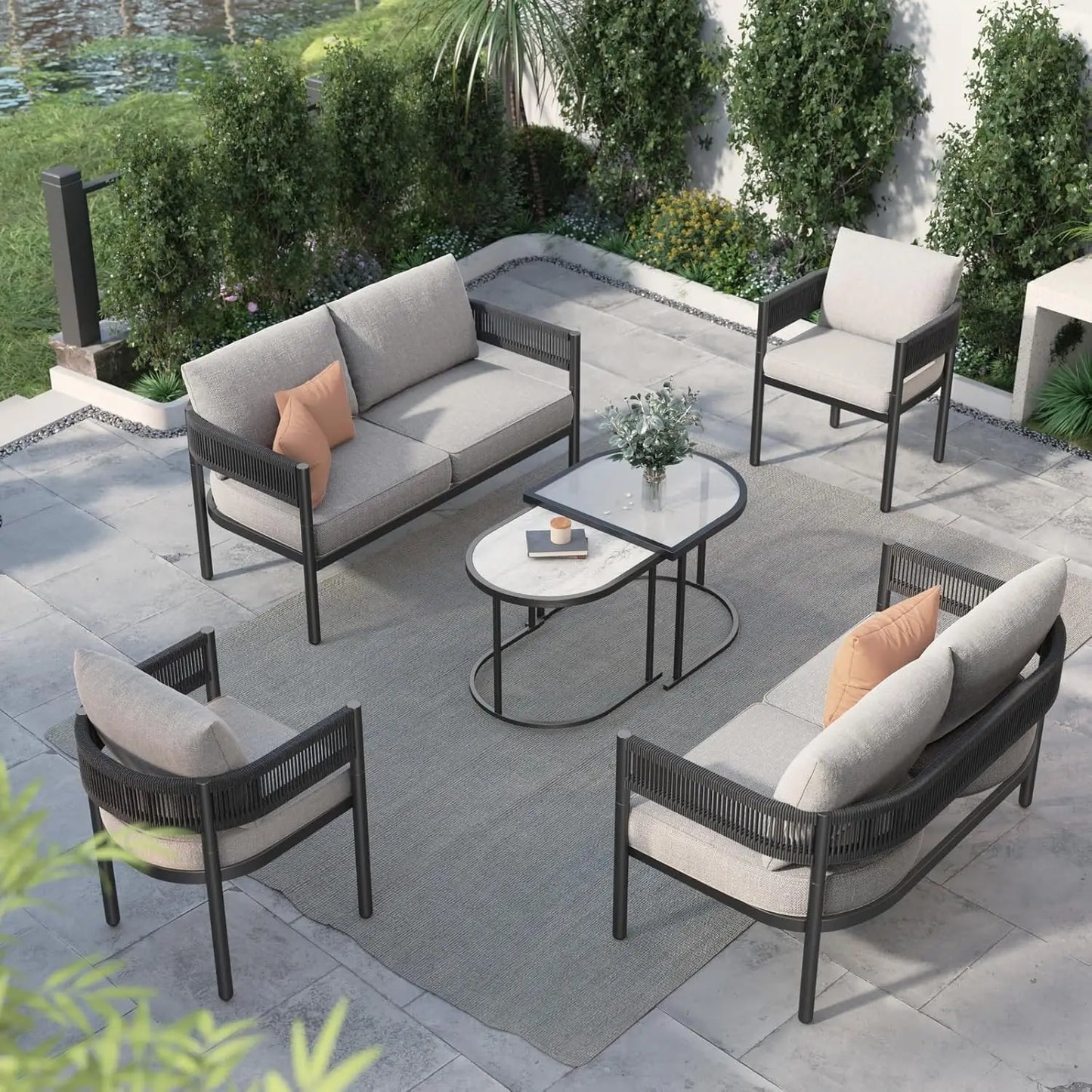 6 Piece Wicker Outdoor Furniture Set with Beige Thick Cushions and Coffee Table Patio Sofa Conversation Set for Backyard