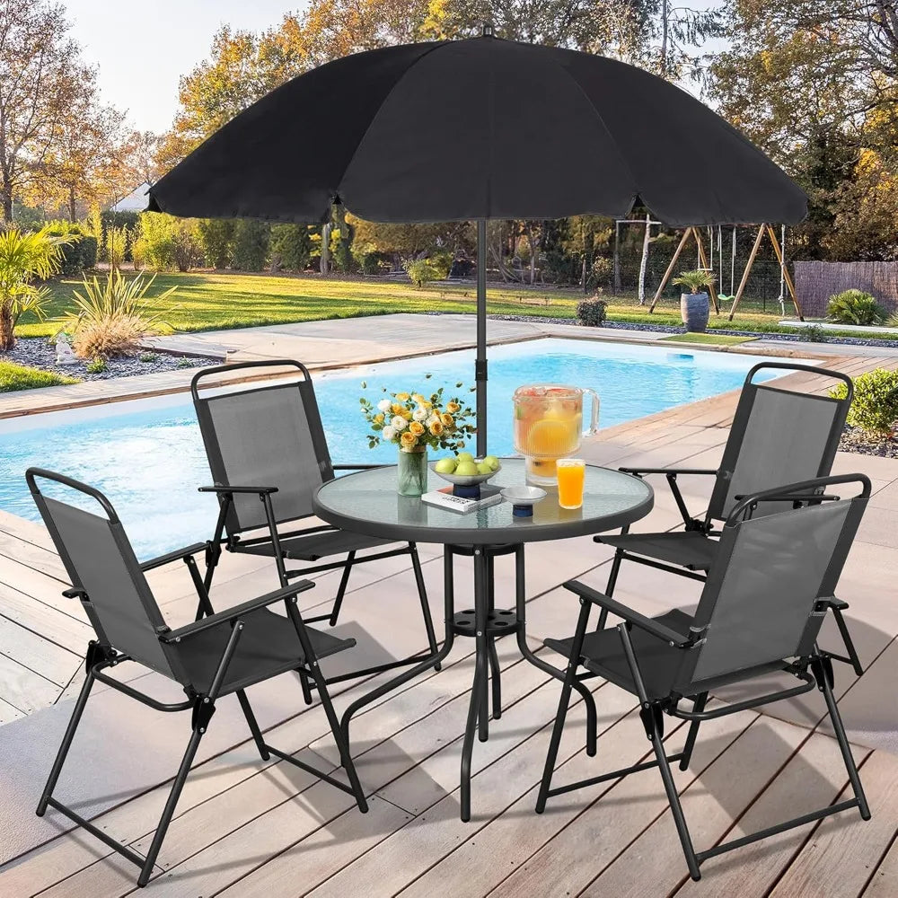 6 Piece Patio Dining Set, Small Metal Outdoor Garden Patios Table and Chair with Umbrella, Folding Patio Dining Set