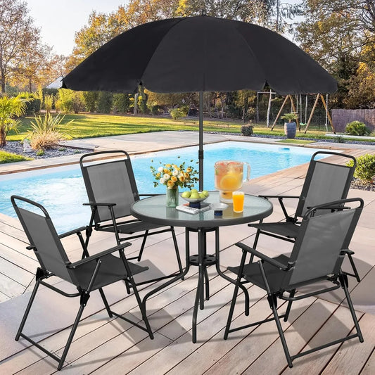 6 Piece Patio Dining Set, Small Metal Outdoor Garden Patios Table and Chair with Umbrella, Folding Patio Dining Set