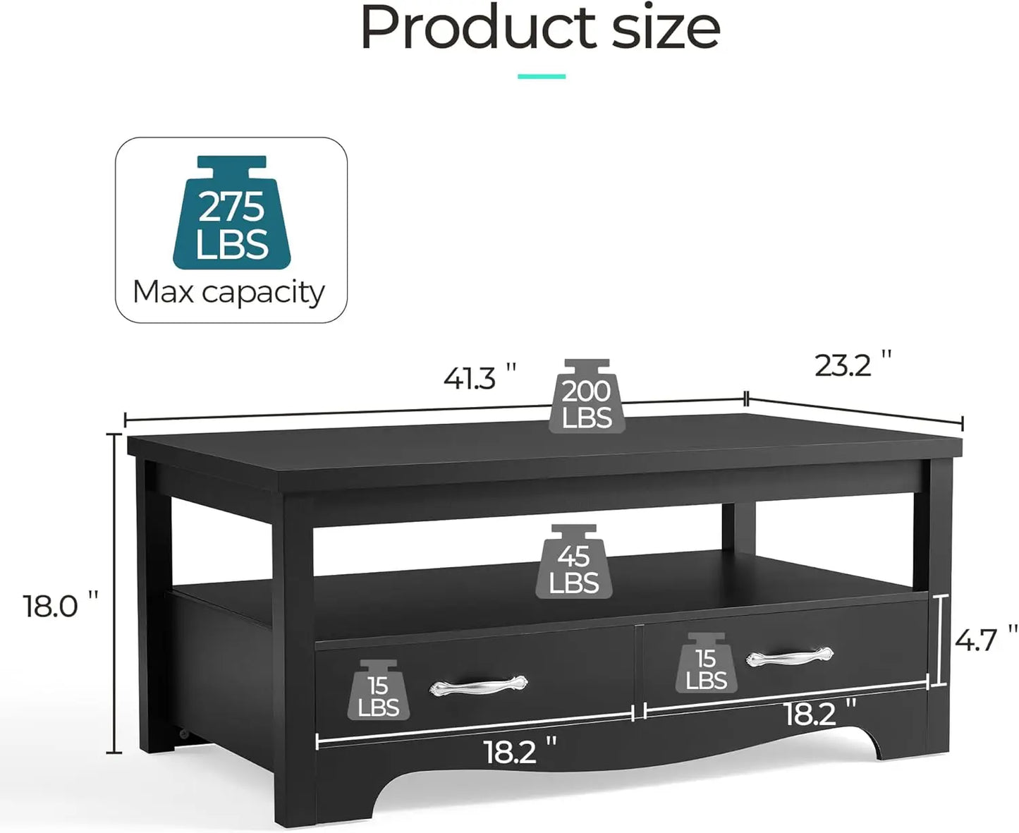 Farmhouse Coffee Table with Storage, Wood Coffee Table for Living Room, Open Display Area&Storage Drawers,Black