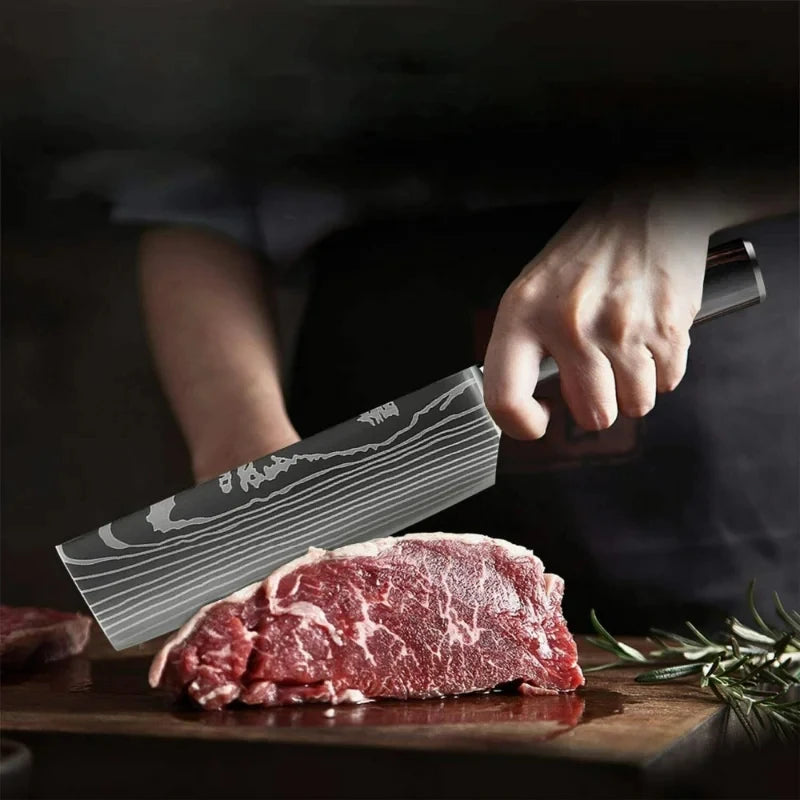 PLYS Kitchen Knife Set Damascus Pattern Laser Engraved Stainless Steel Sharp Japanese Chef's Knife