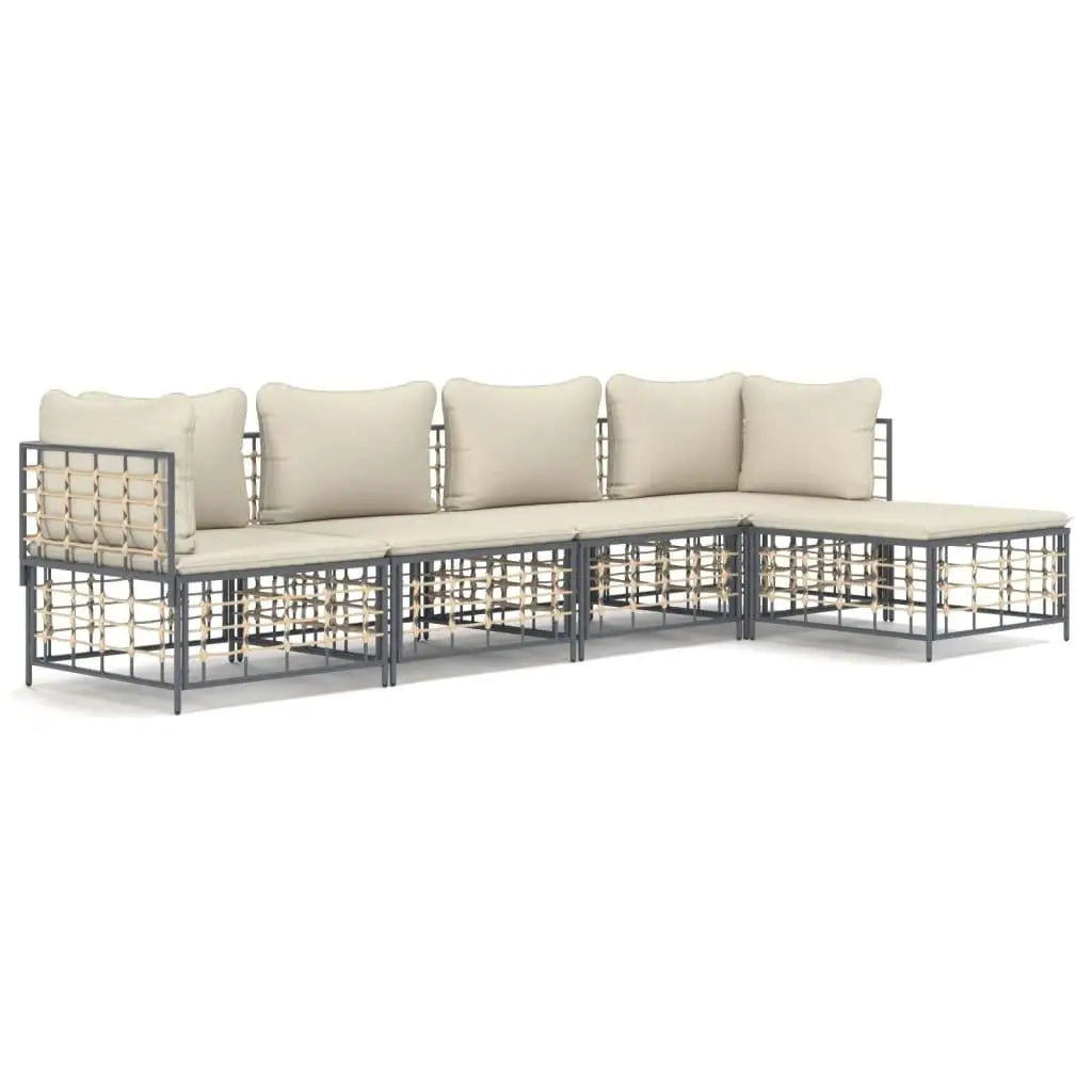 5-Piece Anthracite Poly Rattan Patio Lounge Set with Cushions – Stylish Outdoor Furniture