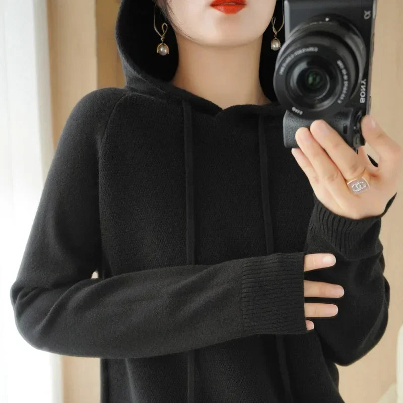 Hooded Sweater Woman Autumn Winter Long Sleeve Warm Bottoming Shirt Solid Casual Pullovers Knit Tops Korean Fashion Jumper 2024
