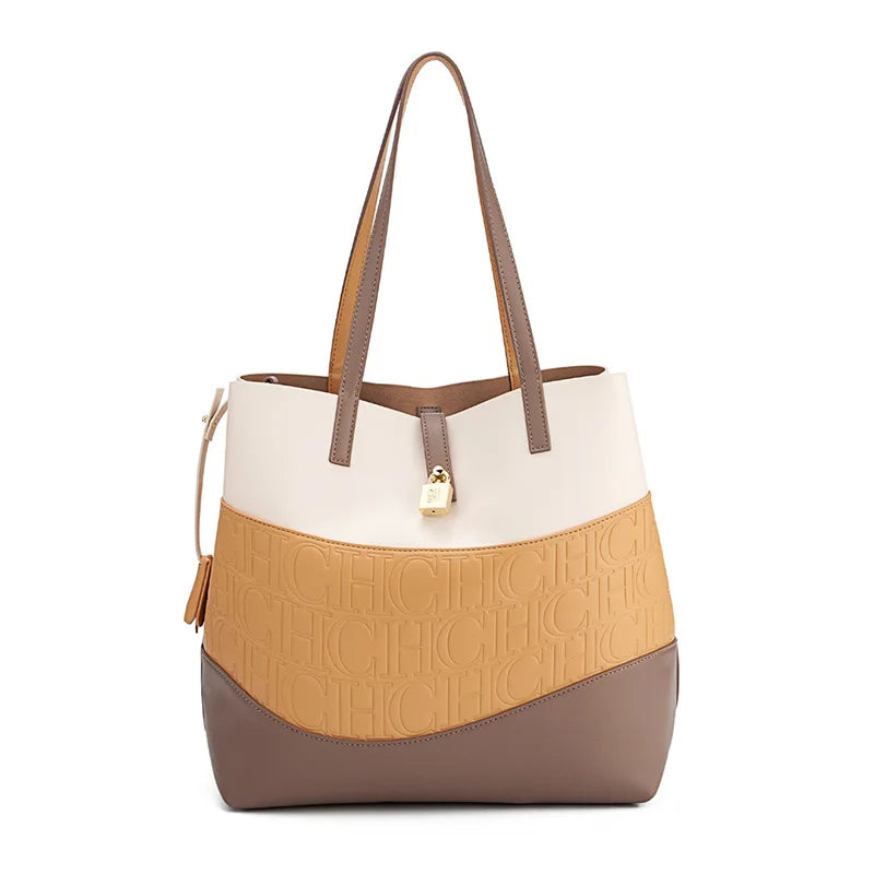 CH Versatile Trend Tote Bag Leather Solid Color Splicing Large Capacity Crossbody Bag Simple Fresh Style Commuting Shoulder Bag