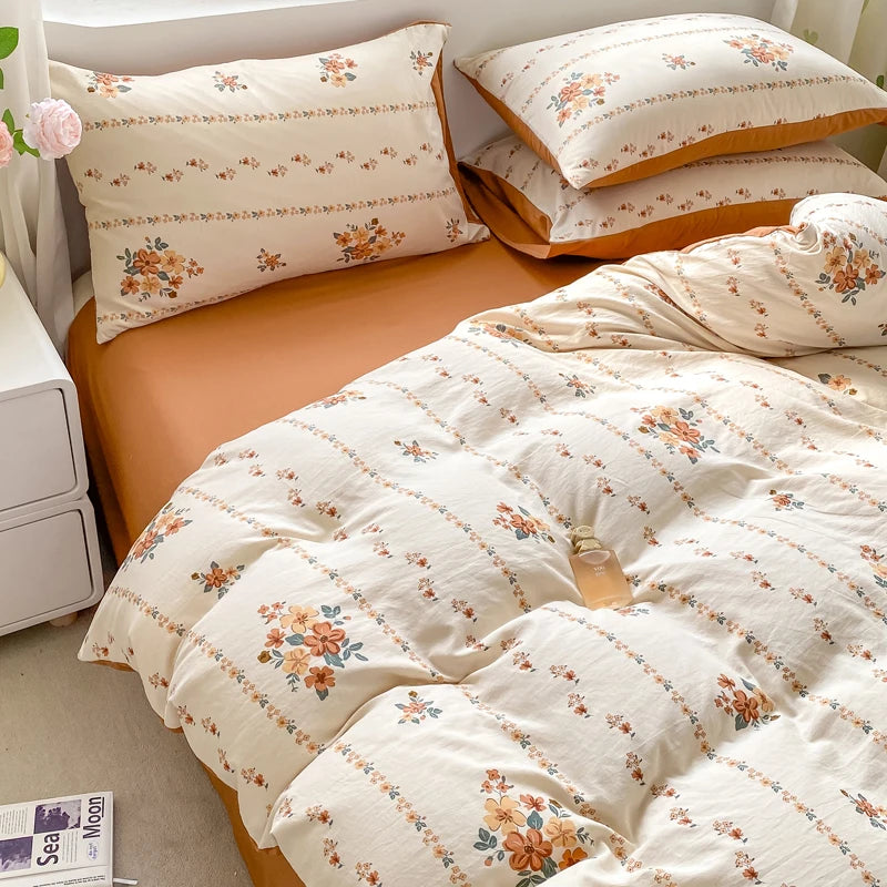 Korean Retro Floral Bedding Set 100% Washed Cotton Bed Sheets Set Soft Duvet Cover Bed Linen Pillowcase Single Double Queen King